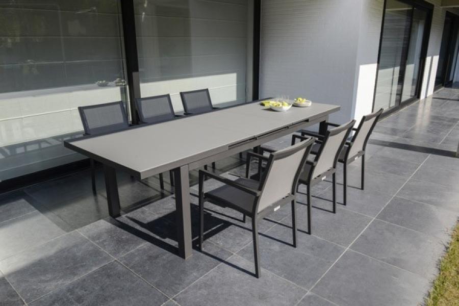 Table CALVI en aluminium et verre dépoli – Bridge de table BARI en aluminium et textylène